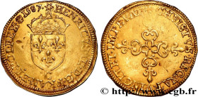 HENRY III
Type : Écu d'or au soleil, 1er type 
Date : 1587 
Mint name / Town : Saint-Lô 
Quantity minted : 2400 
Metal : gold 
Millesimal fineness : 9...