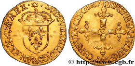 LOUIS XIII
Type : Écu d'or au soleil, à la croix bâtonnée et fleuronnée 
Date : 1637 
Mint name / Town : Saint-Lô 
Quantity minted : 1000 
Metal : gol...