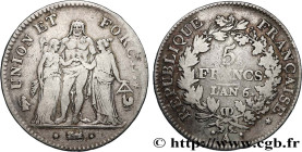 DIRECTOIRE
Type : 5 francs Union et Force, Union desserré, seulement gland extérieur 
Date : An 6/5 (1797-1798) 
Mint name / Town : Paris 
Quantity mi...