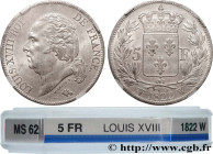 LOUIS XVIII
Type : 5 francs Louis XVIII, tête nue 
Date : 1822 
Mint name / Town : Lille 
Quantity minted : 4.837.448 
Metal : silver 
Millesimal fine...