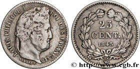 LOUIS-PHILIPPE I
Type : 25 centimes Louis-Philippe 
Date : 1845 
Mint name / Town : Bordeaux 
Quantity minted : 16335 
Metal : silver 
Millesimal fine...