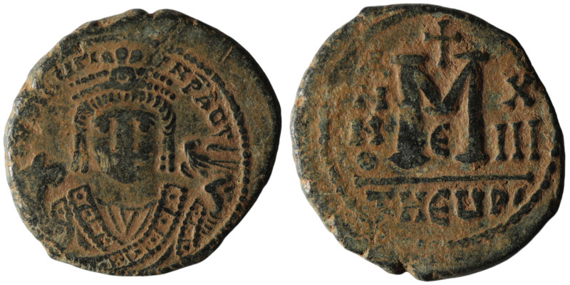 Maurice Tiberius (AD 582-602). Theoupolis (Antioch). dated RY 13 = 594/5
AE Foll...