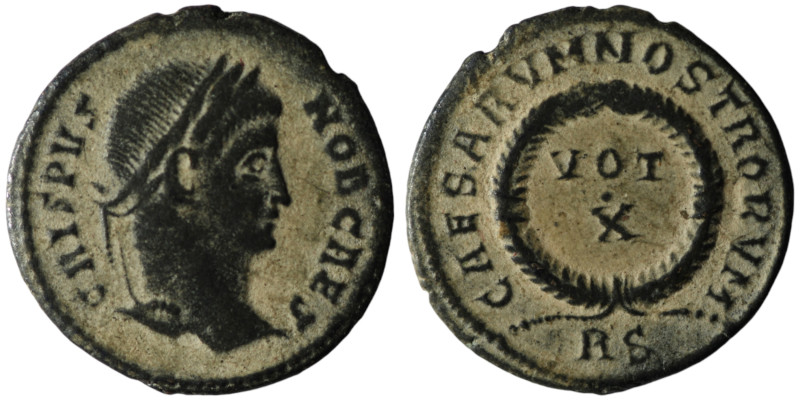 Crispus, Caesar (AD 316-326). Rome.
AE Follis (19mm, 2,39g)

Artificial sandpati...