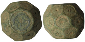 Byzantine coin weight with circles in the polyhedron shape.
AE Bronze (10mm, 28,66g)