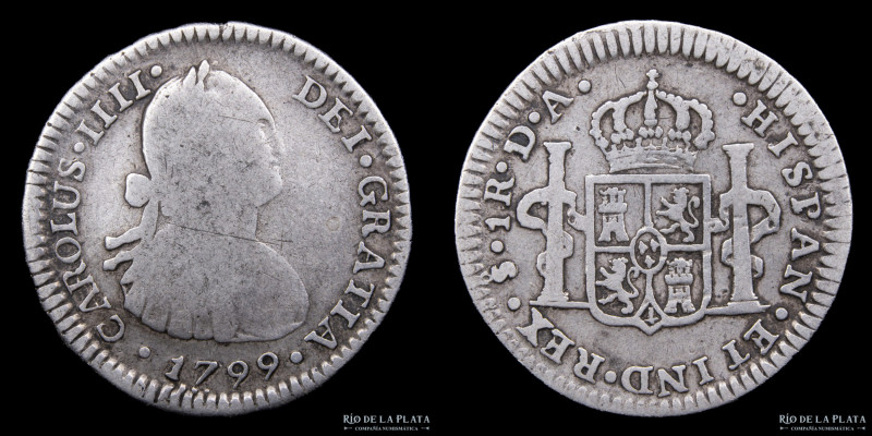 Santiago. Carlos IV (1789-1808) 1 Real 1799 DA. Plata 896; 21.0mm; 3.29g. Cantid...