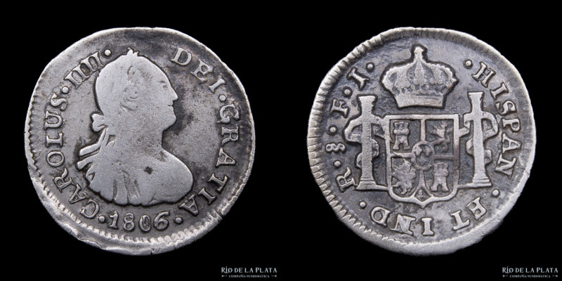 Santiago. Carlos IV (1789-1808) 1/2 Real 1806 FJ. Plata 896; 17.0mm; 1.59g. Cant...