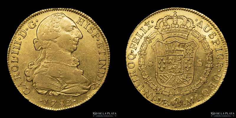 Lima. Carlos III (1759-1788) 8 Escudos 1783 MI. Oro 875, 37.3mm; 26.85g. KM 82.1...
