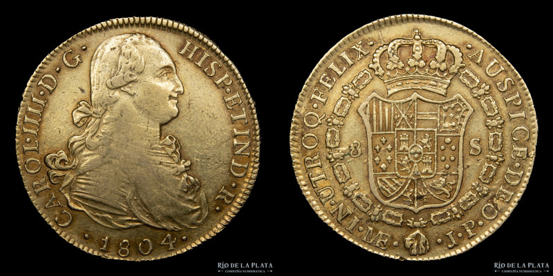 Lima. Carlos IV (1789-1808) 8 Escudos 1804 JP. Oro 875; 36mm; 26.94g. KM101 (VF)...