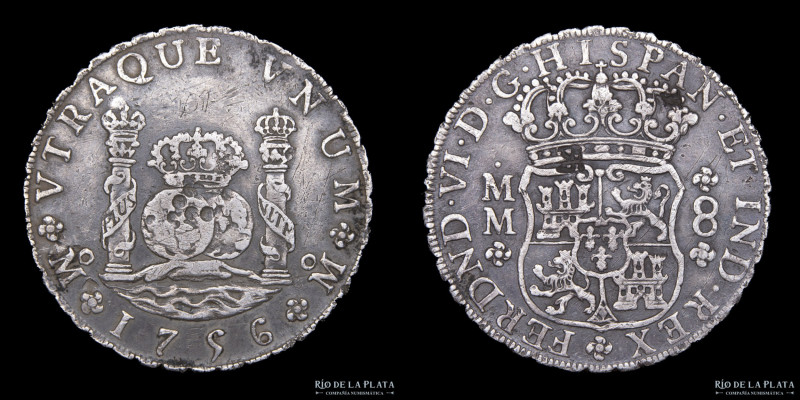 México. Fernando VI (1746-1759) 8 Reales 1756 MM. Columnaria. Plata 917; 38.6mm;...