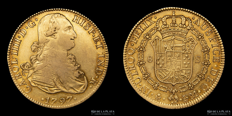 México. Carlos IV (1788-1808) 8 Escudos 1797 FM. Oro 875; 36.5mm; 26.93g. KM159 ...