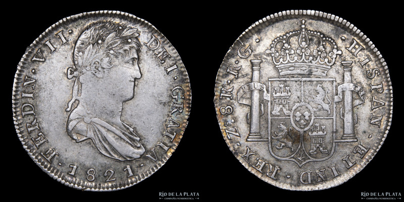 México. Fernando VII (1808-1825) 8 Reales 1821 Zacatecas. Plata 903; 40.3mm; 26....