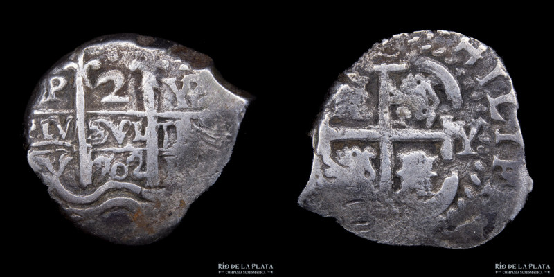 Potosí. Felipe V (1701-1724) 2 Reales 1702 Y (Diego de Ybarbouru). Macuquina. Pl...