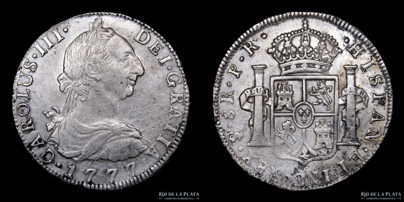 Potosí. Carlos III (1759-1788) 8 Reales 1777 PR (Pedro Mazondo, Raymundo de Ytur...