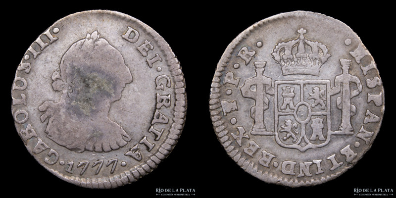 Potosí. Carlos III (1759-1788) 1/2 Real 1777 PR (Pedro Mazondo, Raimundo de Ytur...