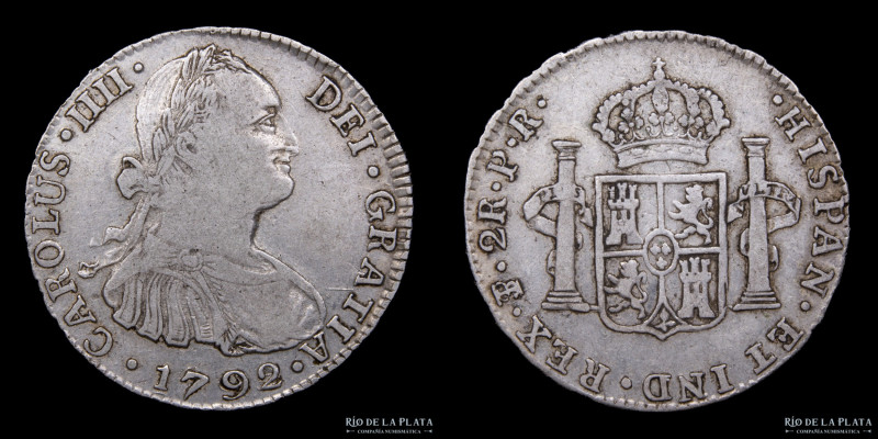 Potosí. Carlos IV (1789-1808) 2 Reales 1792 PR (Pedro Mazondo, Raimundo de Yturr...