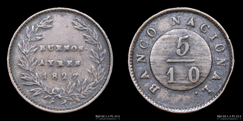 Argentina. Buenos Aires. 5 Décimos 1827. Cobre; 23.5mm; 6.62g. CJ 9.1.32 (A23-R3...