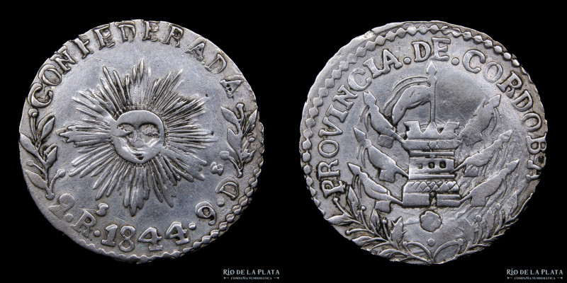 Argentina. Córdoba. 2 Reales 1844. Sol de 12 haces. Plata 750; 26.0mm; 5.92g. Se...