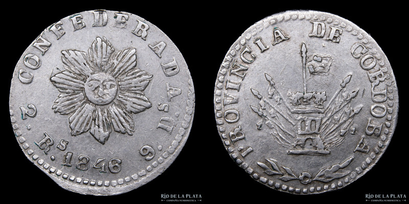 Argentina. Córdoba. 2 Reales 1846. Plata 750; 27mm; 7.22g. Sol de 10 puntas irre...