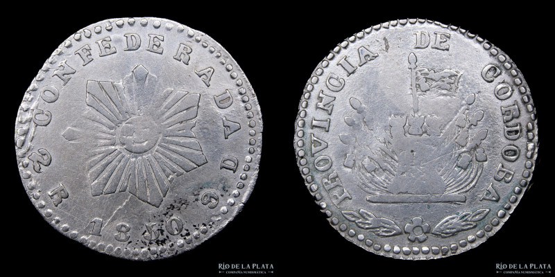 Argentina. Córdoba. 2 Reales 1850. Plata 750; 24mm; 5.14g. CJ 59.1.2 (A1-R2) (VF...