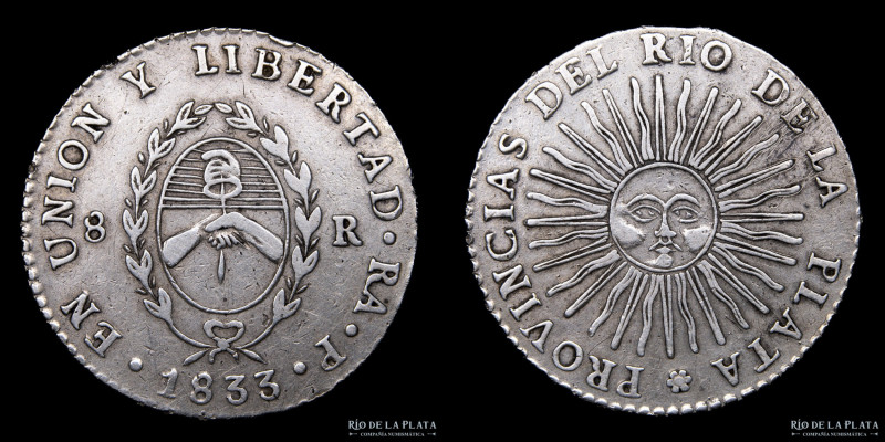 Argentina. La Rioja. 8 Reales 1833 RA P (Manuel Piñeyro). Plata 875; 38.5mm; 26....