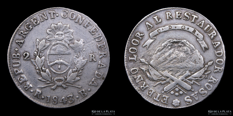 Argentina. La Rioja. 2 Reales 1843 B (José Barros) Rosas. Plata 875; 27mm; 6.59g...