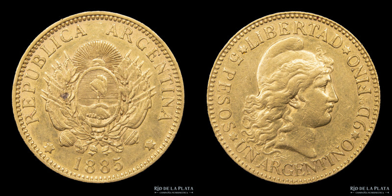 Argentina. 5 Pesos 1885. "Argentino de oro". Ceca de Buenos Aires. Oro 900; 22.0...