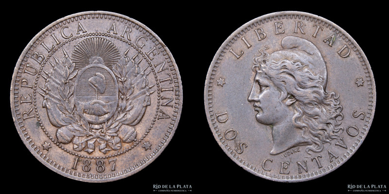 Argentina. 2 Centavos 1887. Buenos Aires mint. Cobre; 30.0mm; 9.91g. CJ 28; KM 3...