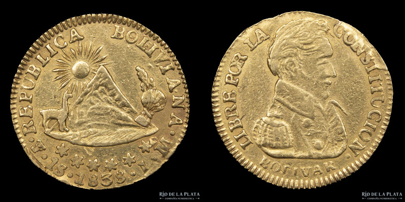 Bolivia. 1 Escudo 1838 LM. Oro 875; 18mm; 3.36g. Muy escasa. KM98 Pequeña marca ...