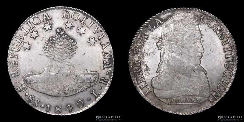 Bolivia. 8 Soles 1840 LR. Ceca de Potosí. Simón Bolivar. Plata 903; 38.0mm; 26.9...