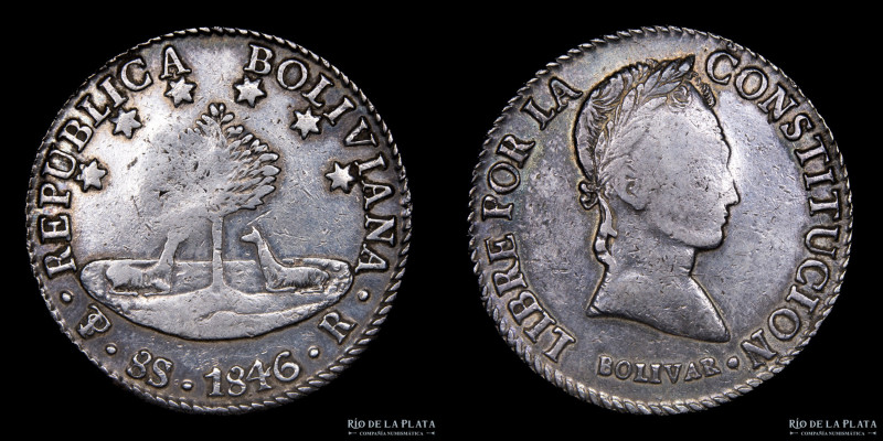 Bolivia. 8 Soles 1846 R. Simón Bolivar. Plata 903; 37.0mm; 27.01g. KM103 (VF)
...
