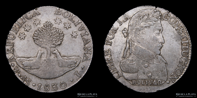 Bolivia. 4 Soles 1830 J. Ceca de Potosí. Simón Bolivar. Plata 903; 30.0mm; 13.43...