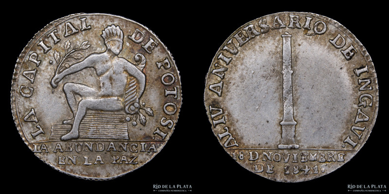 Bolivia. 1 Sol 1841. Medalla Monetaria. Ingavi. Plata; 20mm; 3.31g. A: "Al IV An...