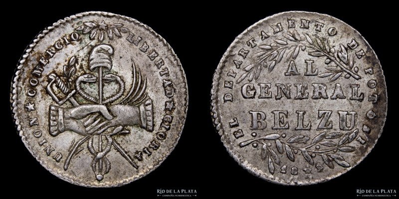 Bolivia. 1849. 1 Sol. Potosi al Presidente Belzú. Plata; 20.0mm; 3.32g. A: Dos m...