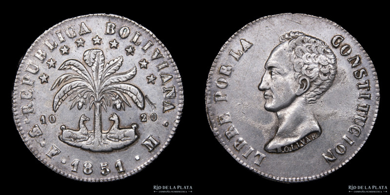 Bolivia. 8 Soles 1851 FM. Ceca de Potosí. Simón Bolivar. Plata 903; 37.0mm; 27.3...