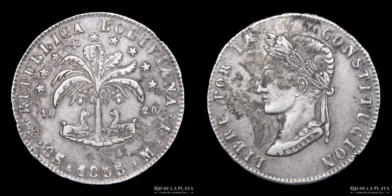 Bolivia. 8 Soles 1855 MJ. Ceca de Potosí. Simón Bolivar. Plata 903; 37.0mm; 26.4...