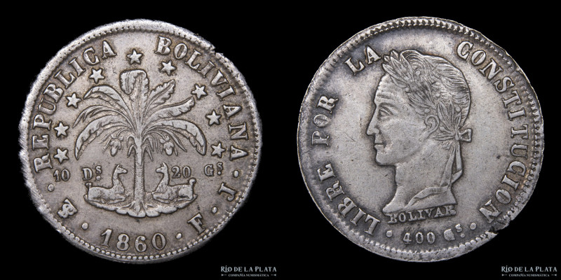 Bolivia. 8 Soles 1860 FJ. Ceca de Potosí. Simón Bolivar. Plata 903; 36.0mm; 19.1...