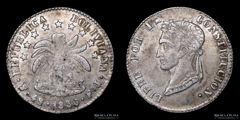 Bolivia. 4 Soles 1858 FJ. Plata 667; 31.5mm; 13.32g. KM123.2 (VF)

Estimate: U...