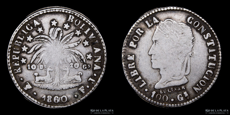 Bolivia. 2 Soles 1860/60 chico FJ. Plata 903; 24.0mm; 5.11g. KM135.2 (VF+)

Es...