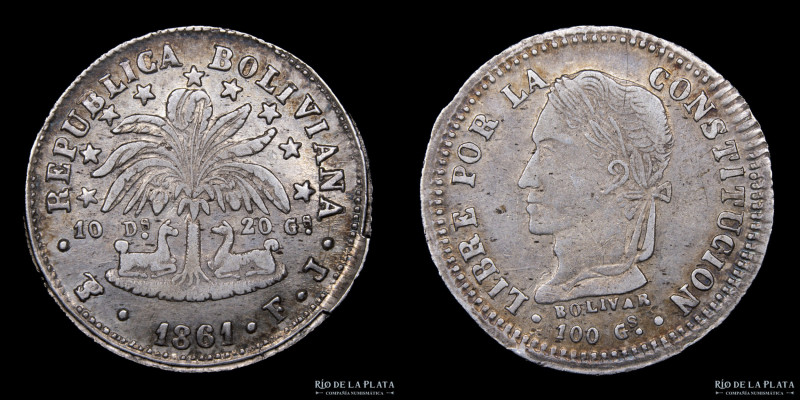 Bolivia. 2 Soles 1861 FP. Plata 903; 24.0mm; 5.00g. KM135.2 (VF+)

Estimate: U...