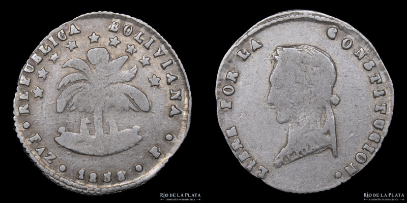 Bolivia. 1/2 Sol 1858 PAZ P. Ceca de La Paz. Simón Bolivar. Busto tipo "Ugly Hea...