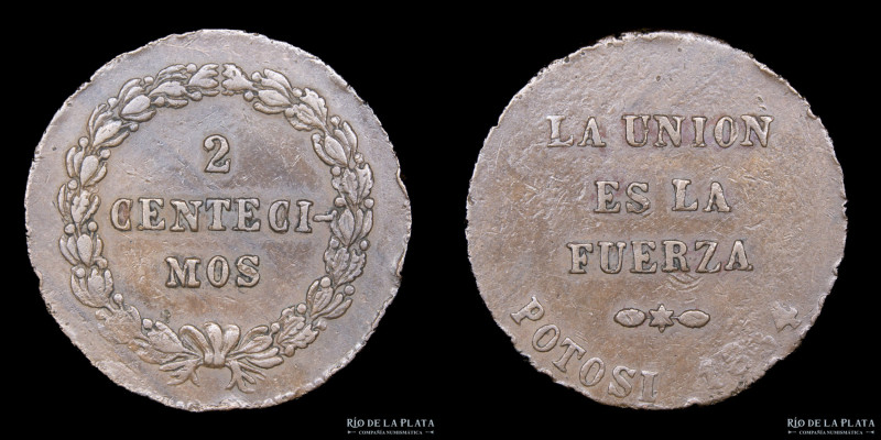 Bolivia. 2 Centésimos 1864. Potosi mint. Cobre; 26.5mm; 7.56g. A: LA UNION ES LA...