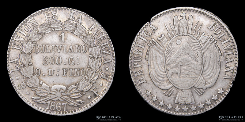 Bolivia. 1 Boliviano 1867 FP. 11 estrellas. Plata 900; 36.0mm; 24.88g. KM152.2 (...