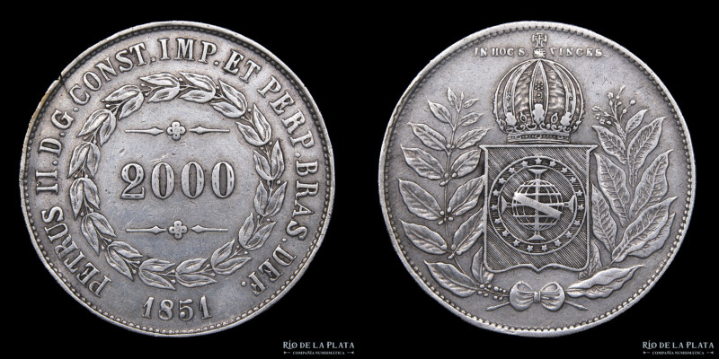 Brasil. Pedro II (1831-1889) 2000 Reis 1851. Plata 917; 36.5mm; 25.36g. KM 462 (...