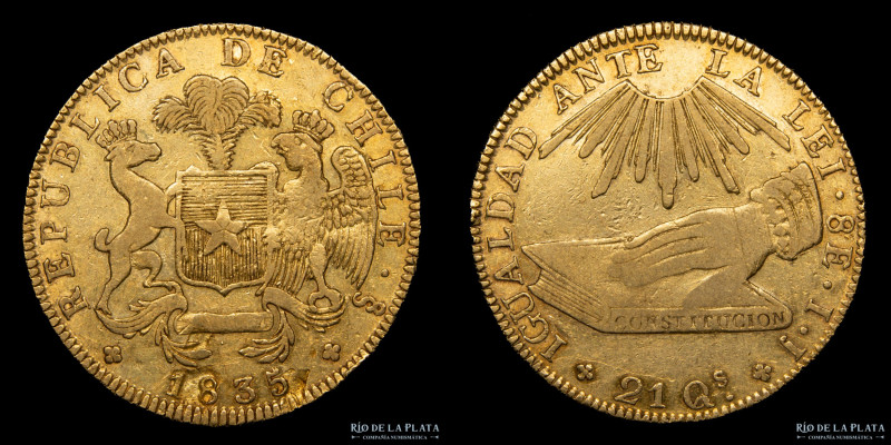 Chile. 8 Escudos 1835 IJ. Oro 875; 37.5mm; 26.8g. KM93 (VF) Falla de cospel bajo...