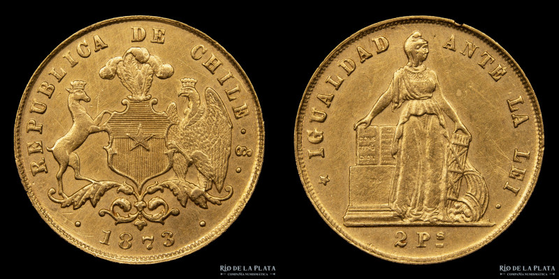 Chile. 2 Pesos 1873. Oro 900; 17mm; 3.00g. Solo 54000 emitidas. KM 143 (XF)

E...