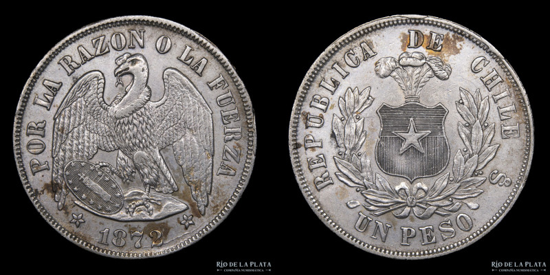 Chile. 1 Peso 1872 So. Santiago mint. Plata 900; 37.0mm; 24.89g. Cóndor. KM142.1...