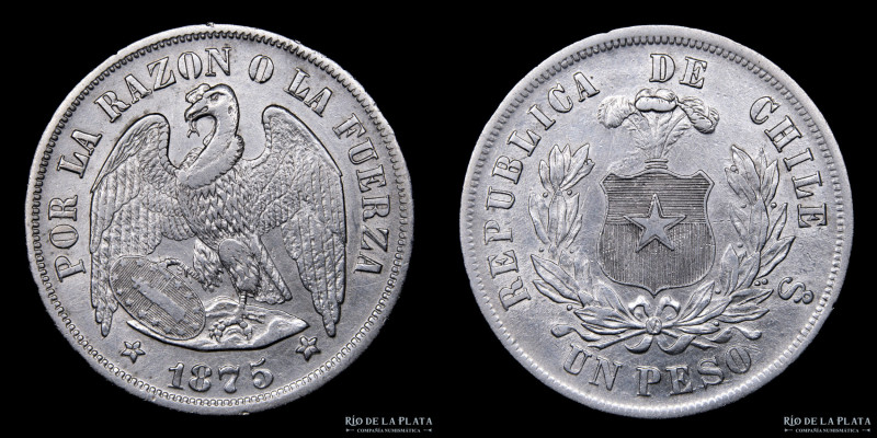 Chile. 1 Peso 1875 So. Santiago mint. Plata 900; 37.0mm; 24.87g. Cóndor. KM142.1...