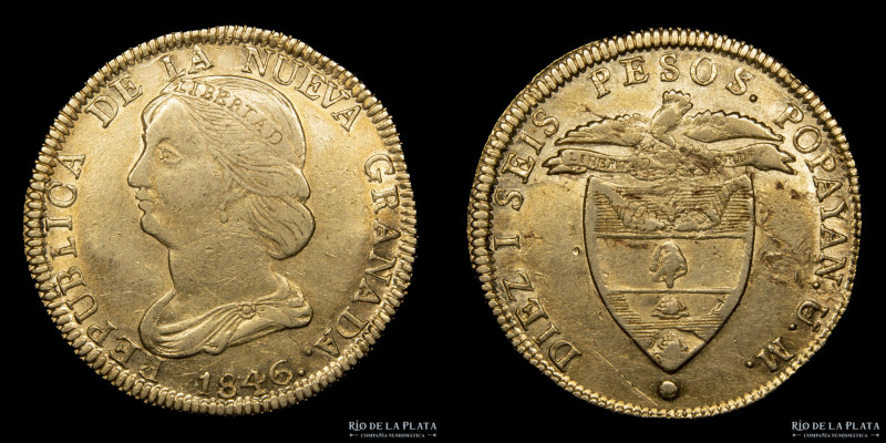 Colombia. 16 Pesos 1846 UM. Popayán. Oro 875; 38mm; 26.95g. KM94.2 (XF) Raya en ...