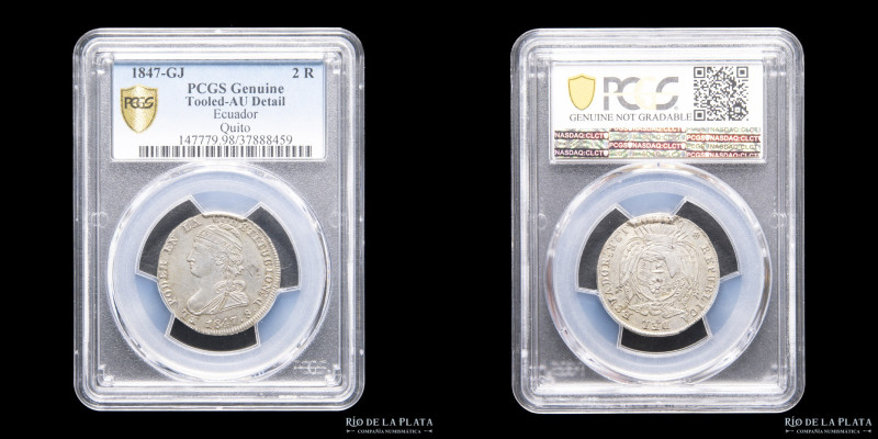 Ecuador. 2 Reales 1847 GJ. Quito. Plata 666; 28mm; 6.05g. KM33. Encapsulada por ...