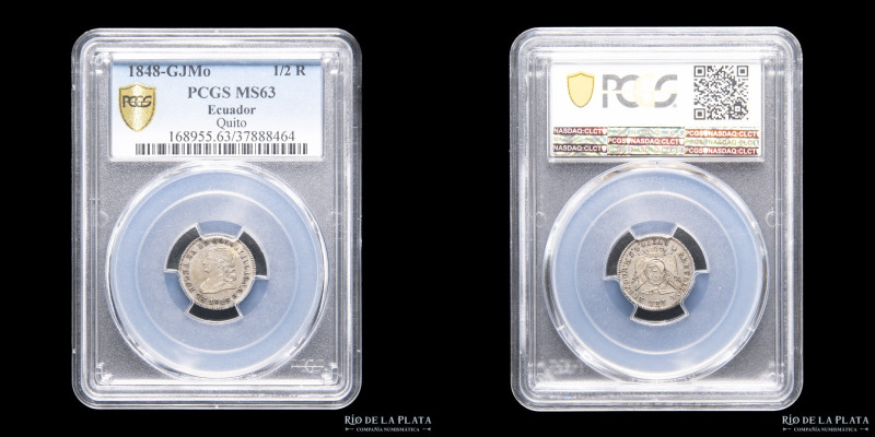 Ecuador. 1/2 Real 1848 GJ. Quito. Plata 666; 16mm; 1.75g. KM35. Encapsulada por ...